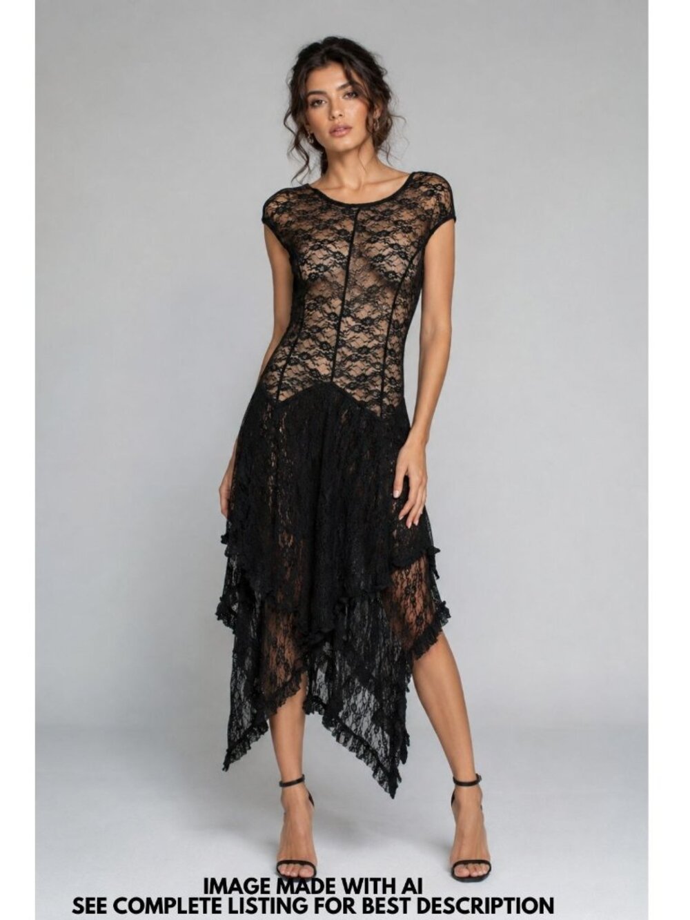 Gothic Lace Sheer Asymmetric Midi Dress XL Backless Handkerchief Hem Poet Witch